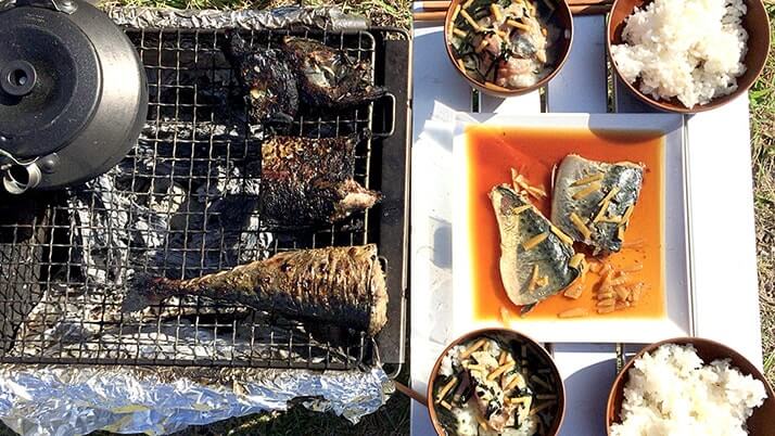 サバの干物で贅沢釣りメシ定食！煮物に焼き魚が絶品｜神津島釣りキャンプ