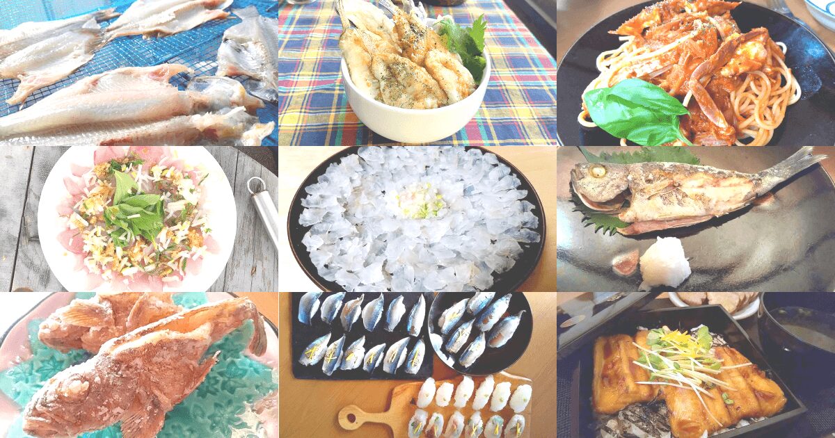 干物や刺身、天ぷらなど釣った魚料理を並べたコラージュ
