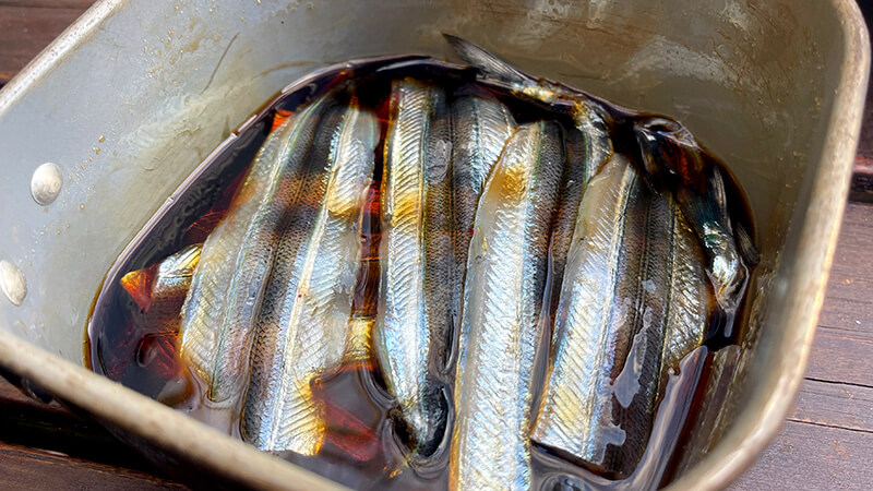 みりんだれに漬けたサヨリを容器に並べた仕込み工程