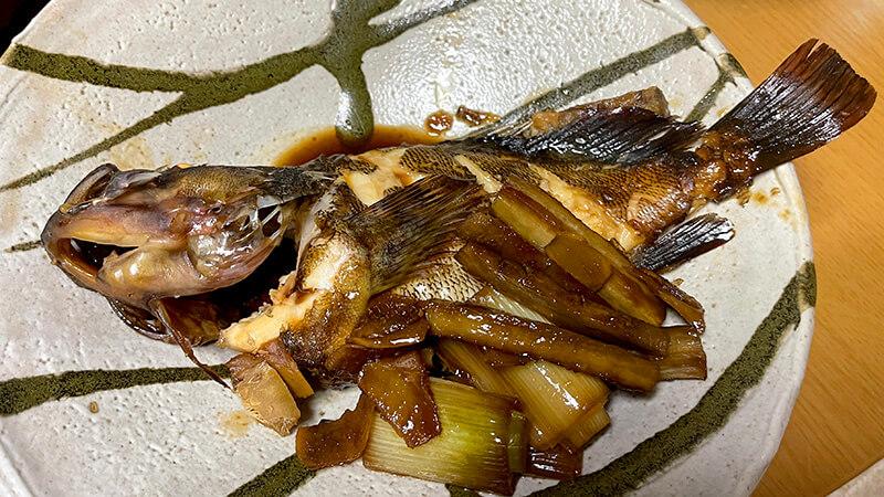 煮付けたカサゴを皿に盛り付けた完成写真