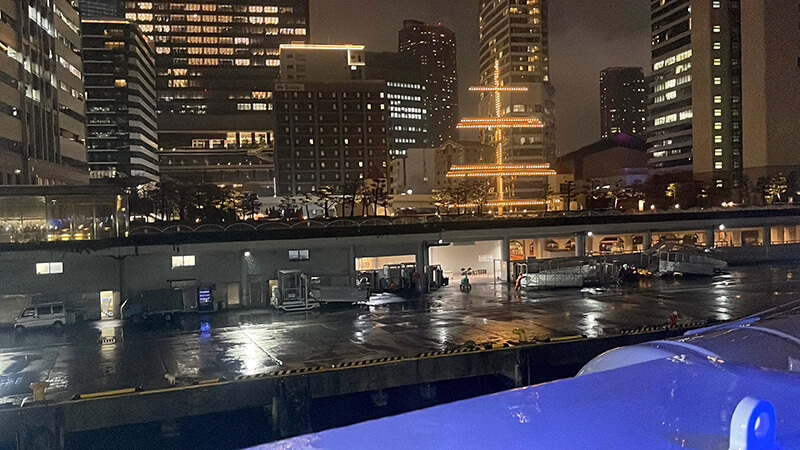 船上から見た雨の竹芝と夜景