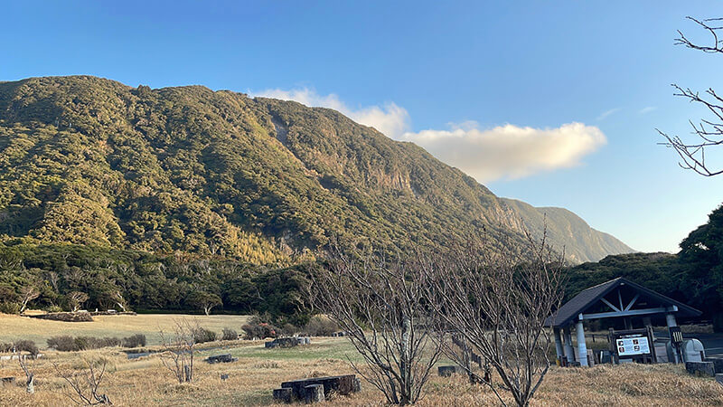 朝の光が差す羽伏浦キャンプ場と山の景色
