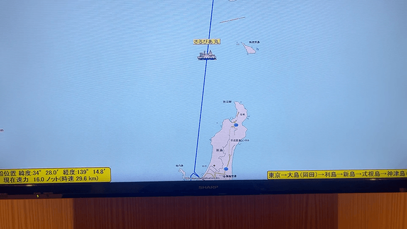 画面に映る新島接近中の航路案内