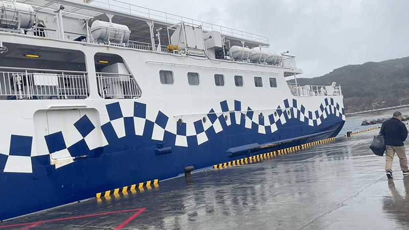 雨の新島港に接岸するさるびあ丸の船体