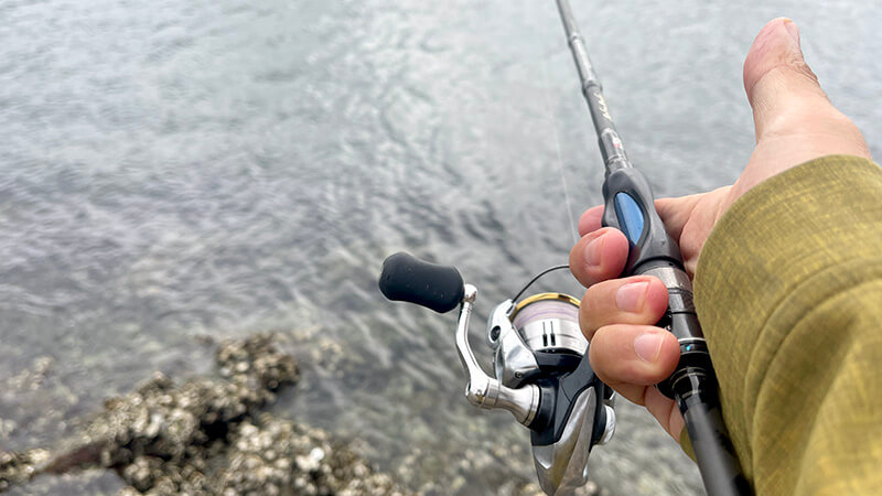 風のある海でライトタックルを構えるキス釣り