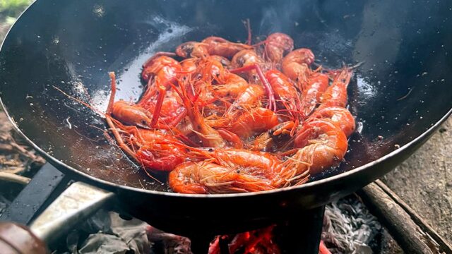 釣ったテナガエビをガーリックシュリンプに！夏の庭で作る釣り飯
