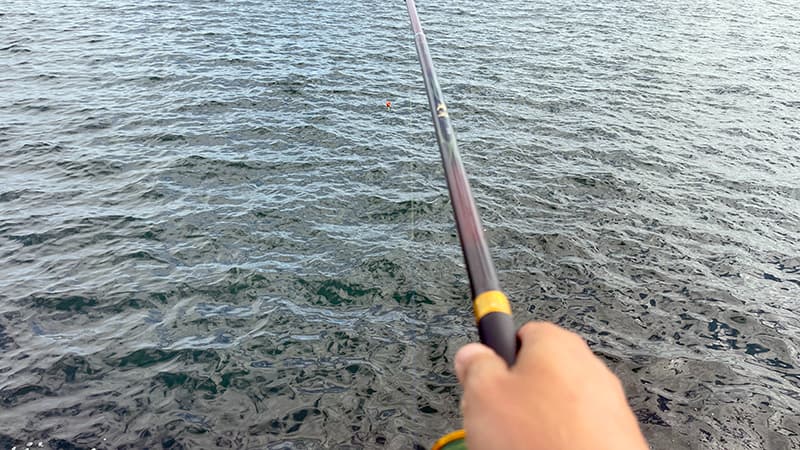 海に向けて構えたダイワの磯竿 波濤と、沖に浮かぶオレンジ色の円錐ウキ