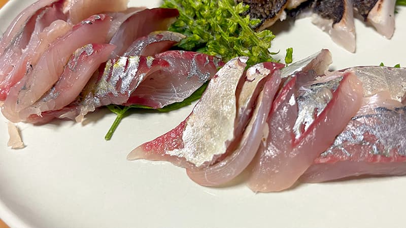 銀皮を残して切ったシマアジの刺身。血合いの赤と皮の銀が並ぶ
