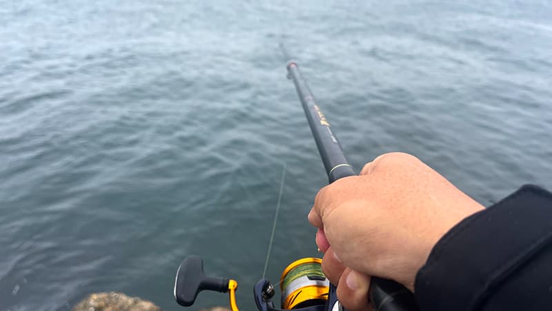 曇り空の海に向けて磯竿を構えた手元。金色のスプールのリール