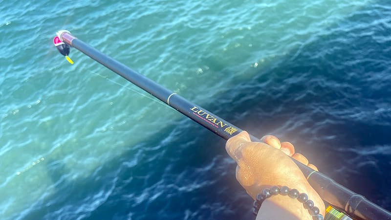 海に向けて構えた磯竿ルヴァン磯と、穂先の先に浮かぶ円錐ウキ