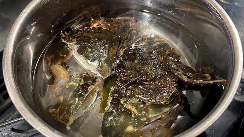 鍋の中で水と昆布と一緒に火にかけたイシガニ